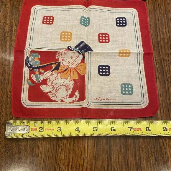 2 Vintage Tom Lamb Kids Hankies Dog Dice Red Blue Favorites 8 1/2" Square - Picture 7 of 8